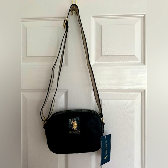 NWT US Polo Association Bag: Black Faux Leather, Gold Logo, Striped Fabric Strap - Picture 1 of 12